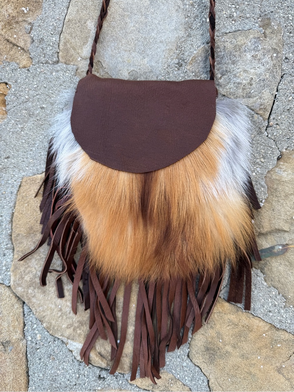 Brown Leather & Fur Fringe Crossbody Bag - Rustic Women's Shoulder Bag